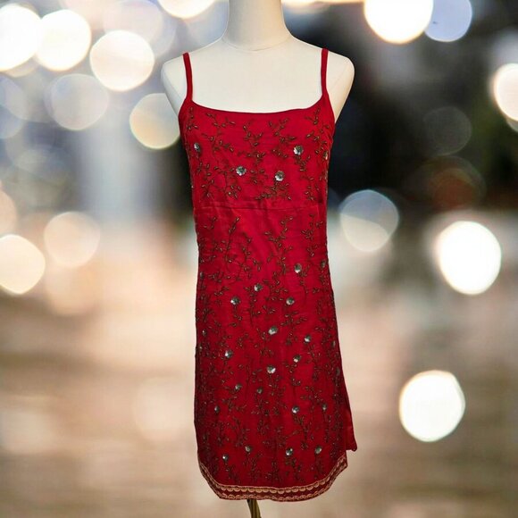 Vintage Express Red Embroidered Dress Small With Beaded Floral Boho Design 90's - Picture 14 of 16